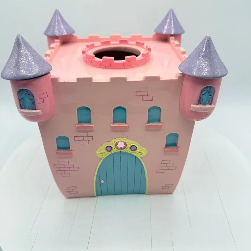 Pink Princess Castle Tissue Box Cover Glitter Turrets Resin Nursery Decor Square